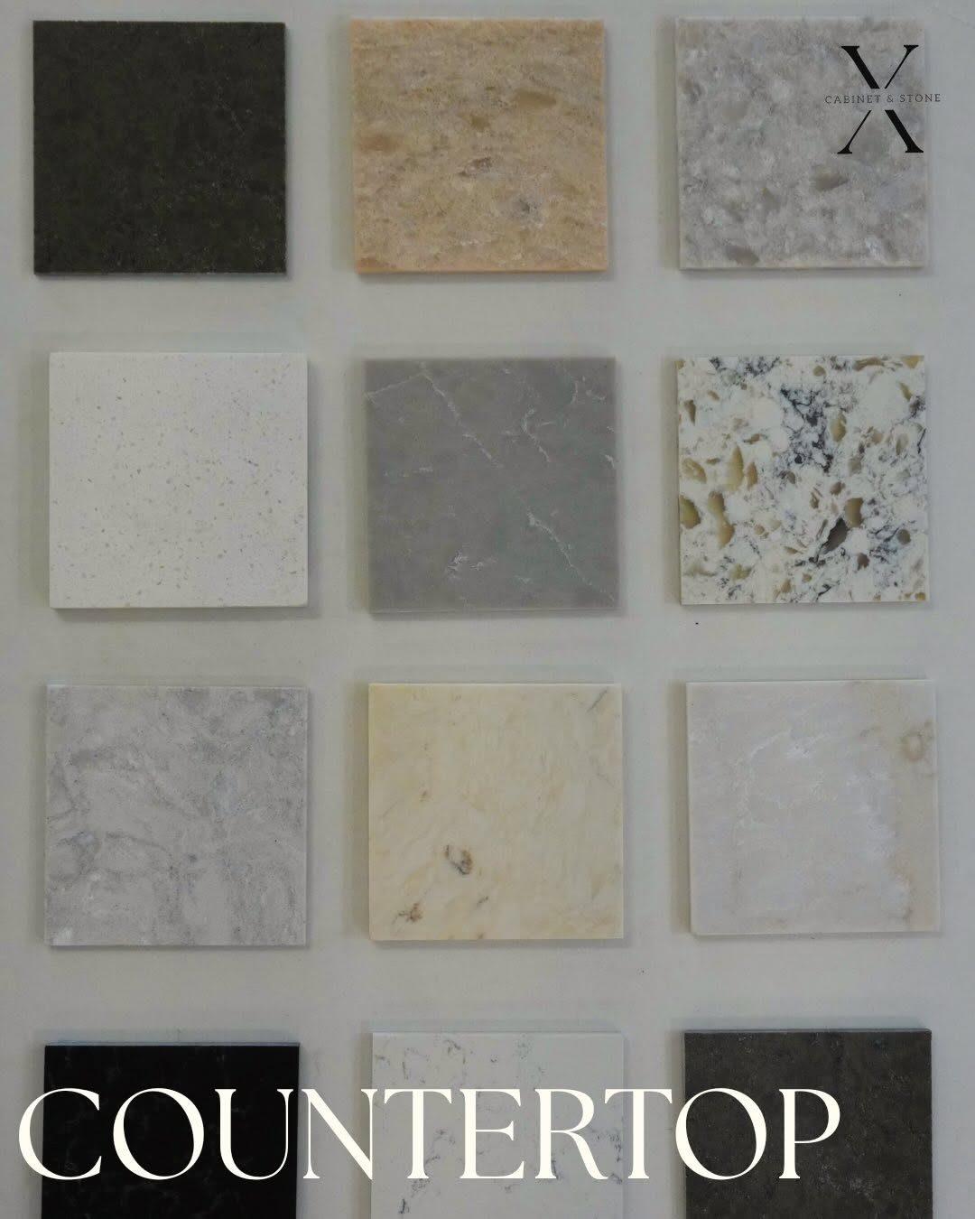 Quartz and granite countertop samples at X Cabinet & Stone, Flagstaff, AZ
