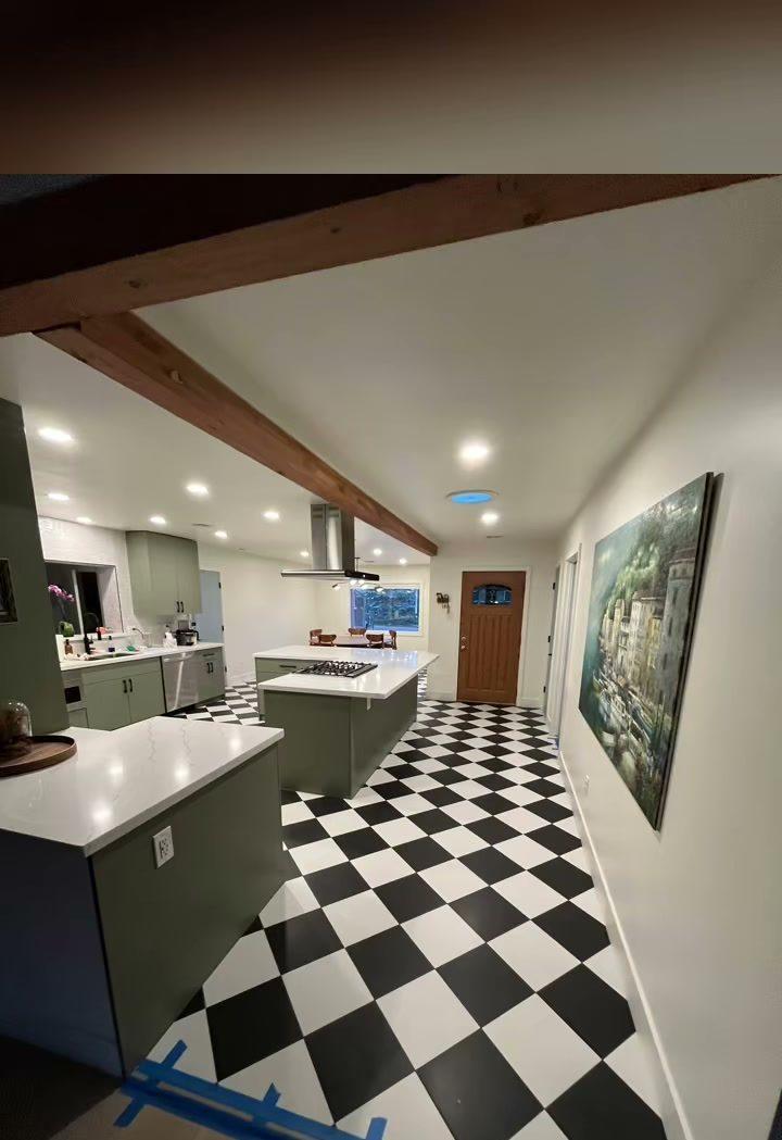 Kitchen with checkerboard tile floor and white countertops, Flagstaff, AZ