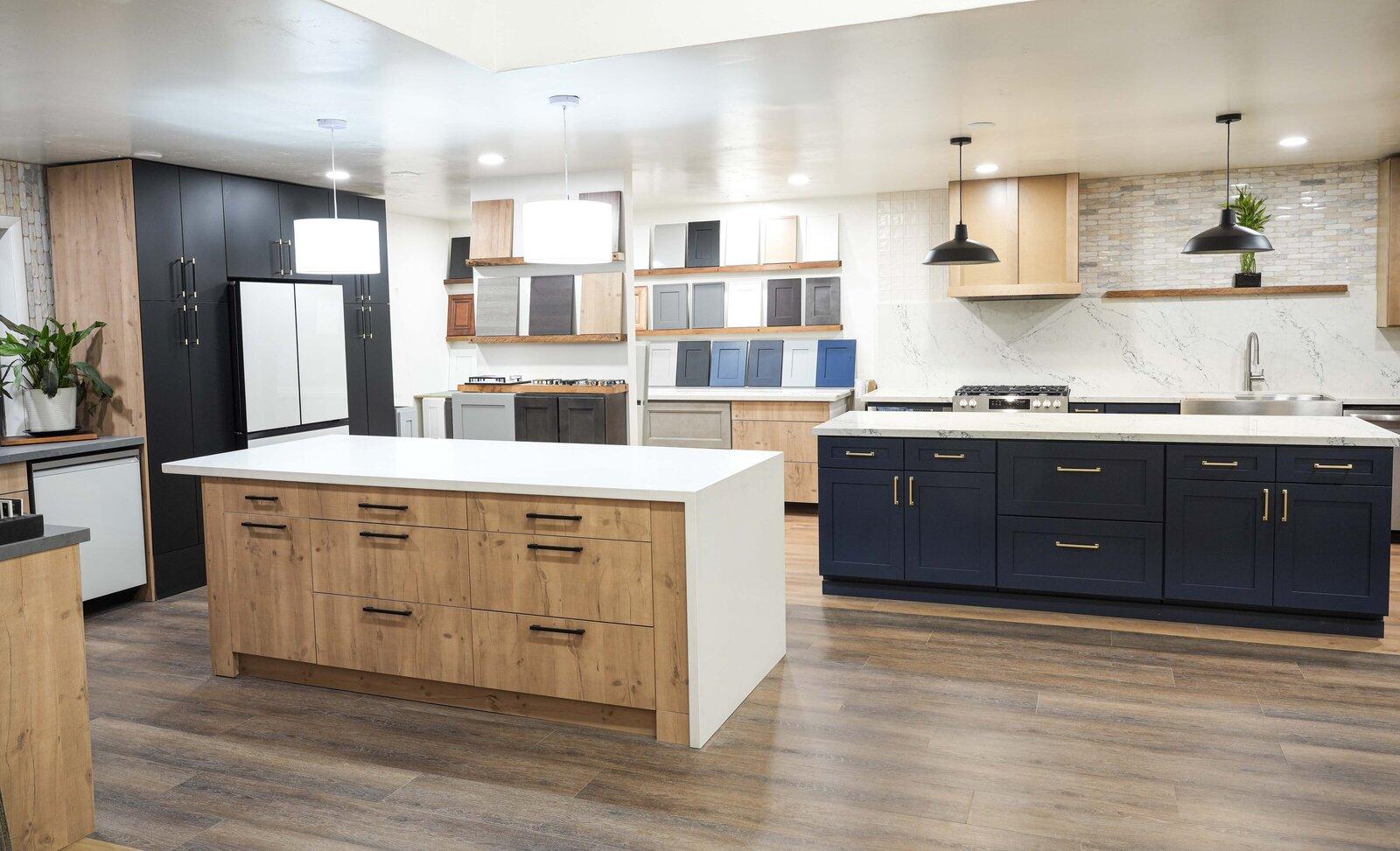 X Cabinet & Stone showroom in Flagstaff, AZ — cabinets, countertops, and flooring displayed together